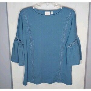 Lauren Conrad Blue Crinkle Textured Bell Sleeve Lace Trim Top Women’s Medium